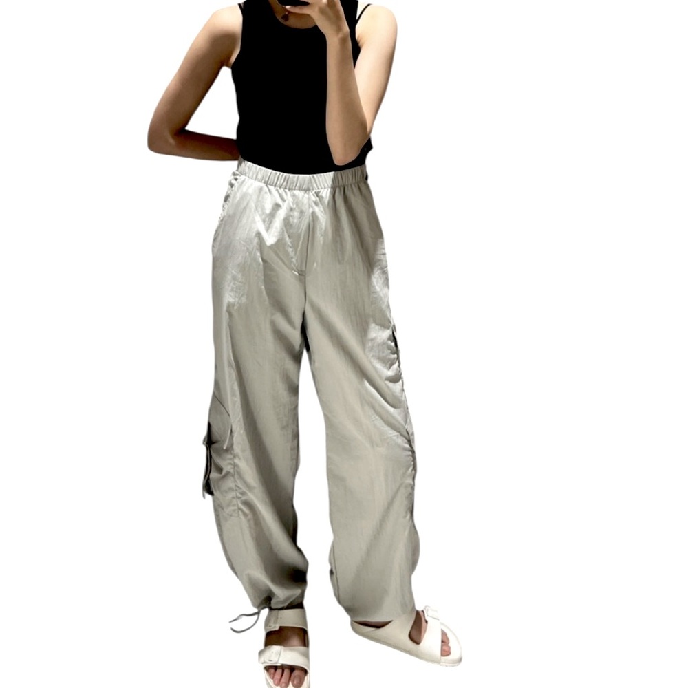ZARA SILVER ZIP FRONT CARGO Y2K JOGGER PARACHUTE POCKET PANT GREAT COND SIZE L